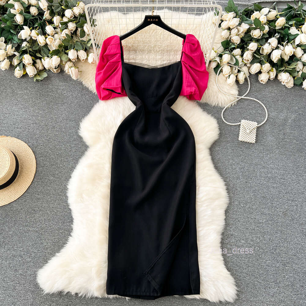 Light luxury and socialite style high-end dress for women with bubble sleeves square neck patchwork waist cinching design and a sense of niche slit lo