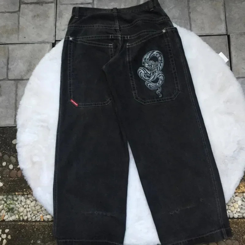 Vintage Graphic Print Baggy Jeans Y2k Streetwear Black Denim Pants Hip Hop Wide Leg Trouser Casual Loose High Waist Pant For Men 240521