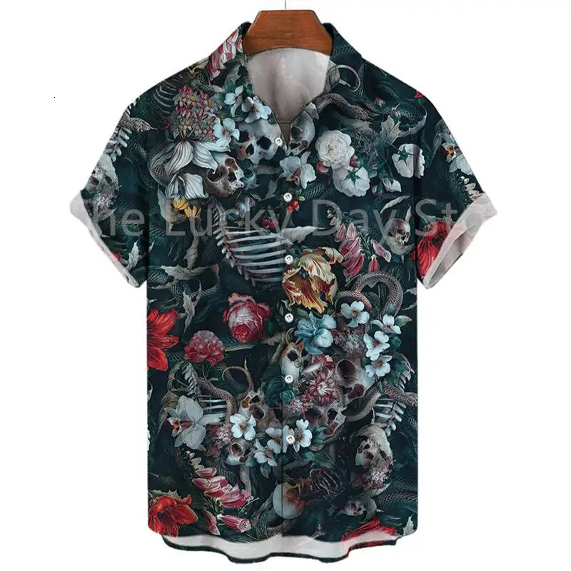 Mens Summer Skull Fashion Y2k Hawaiian Oversized Short Sleeve Shirt Casual Clothing Harajuku Pattern Social Vintage Camisa 240529