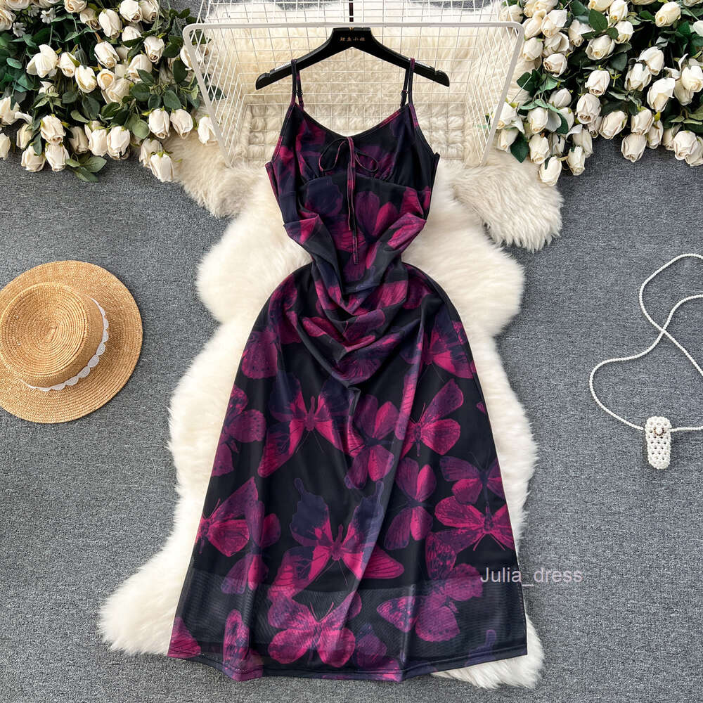 Tea break French style dress for women with butterfly print pleated waist slimming effect high-end sense suspender dress