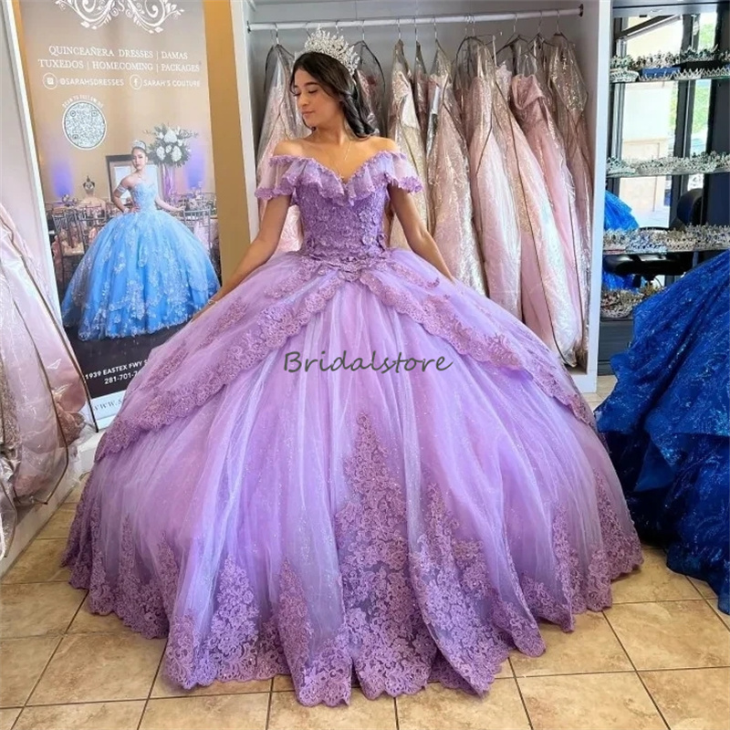 Lilac Charro Quinceanera Dresses Ball Gown Off The Shoulder Tulle Appliques Mexican Sweet 16 Dresses Princess Lace Vestido De Xv 15 Anos Fifteen Birth