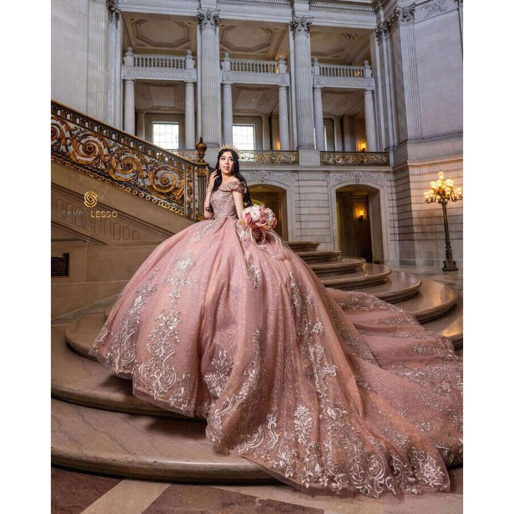 2024 Rose Gold Quinceanera Dress | Off-Shoulder Glitter Sweet 15 Evening Gown