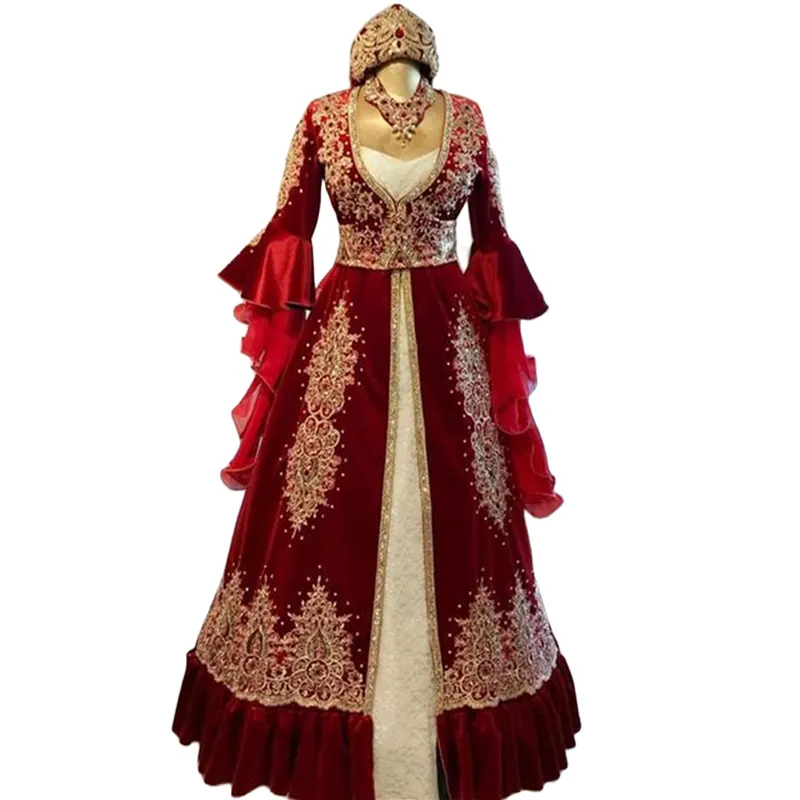 Turkish Velvet Evening Dresses with Long Sleeve Jacket Gold Applique Arabic Caftan Marocain Muslim Prom Gowns robe de soiree de mariage