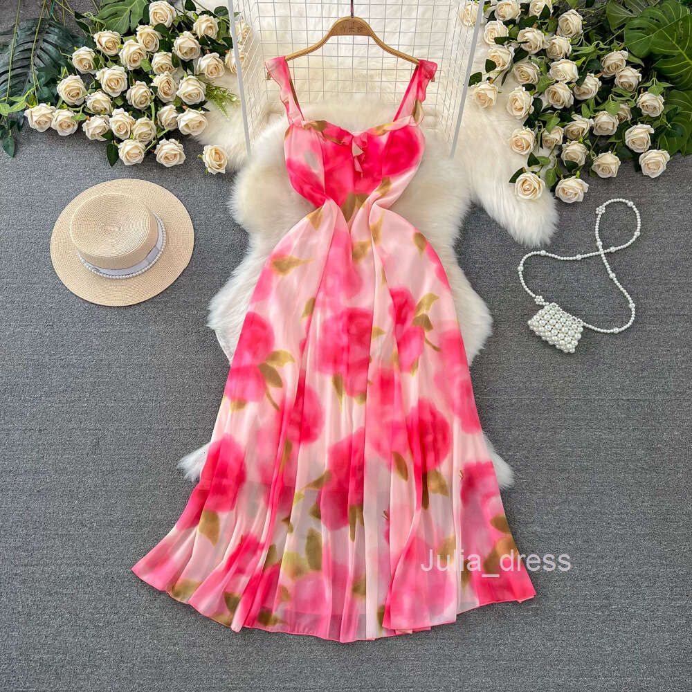 Gentle and socialite temperament slim waist and split A-line printed chiffon suspender dress seaside vacation long dress