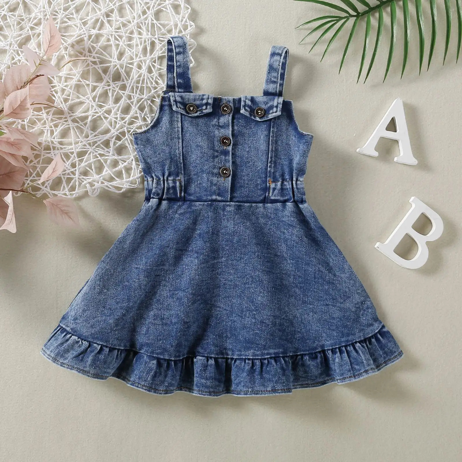 Infant Girls Four Seasons Halter Casual Retro Elegant Denim Dress Simple Lady Wind For 0-2 Years Old Baby 240531