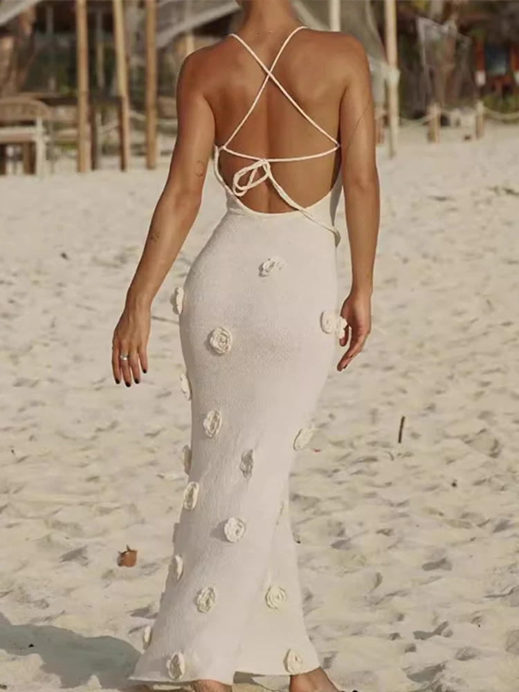 Elegant 3d Flower Sling Maxi Dress Women Deep V-neck Sleeveless Beach Dresses 2024 Summer White Lady Chic High Street Robes 240530