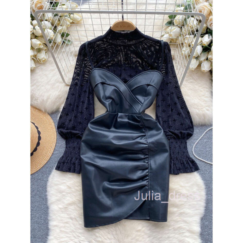 Royal Sister Fan suspender small leather skirt set womens high-end long sleeved mesh bottom shirt+two-piece dress set