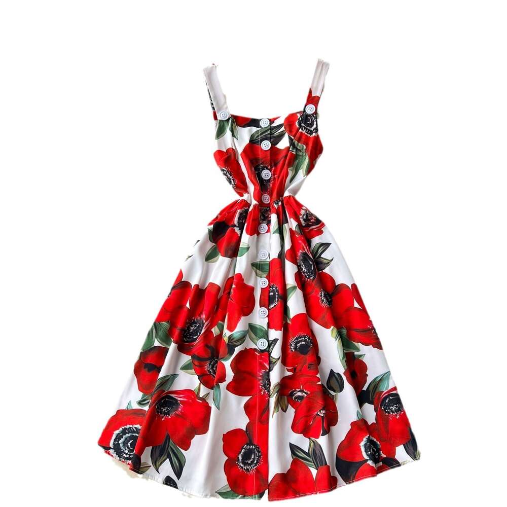 Celebrity temperament vacation camisole dress womens single breasted design slim fit waistband large hem printed long skirt