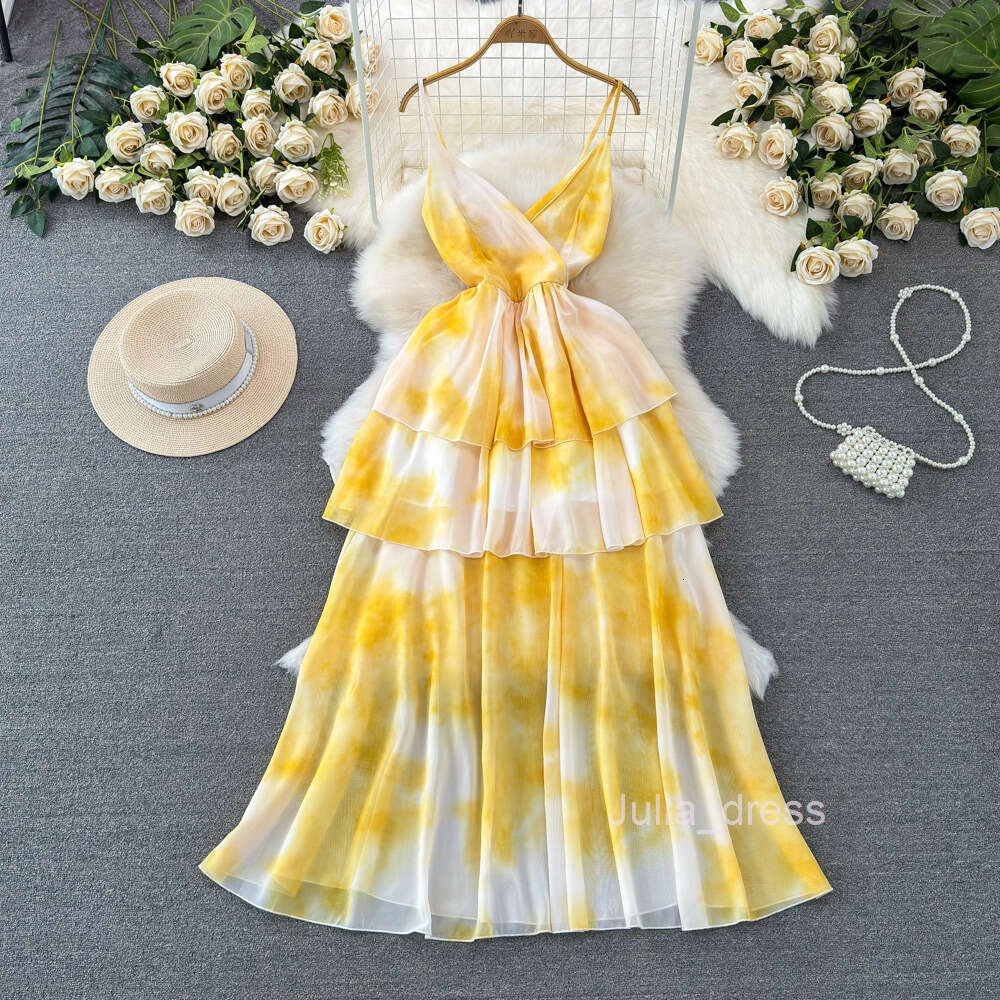 Celebrity temperament V-neck waist cinching slimming medium length A-line ruffled edge printed suspender dress seaside vacation beach