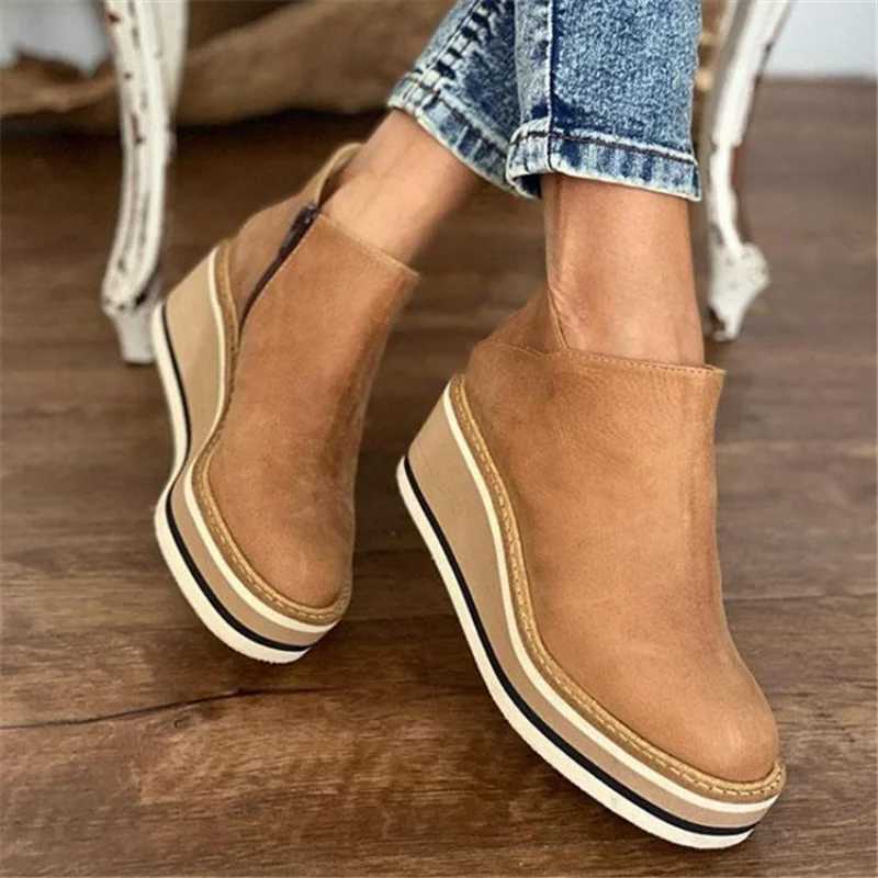 Women Short 2023 New Round Toe High Platform Wedges Retro Booties Soft Leather Zipper Comfortable Ankle Boots for Woman H240530