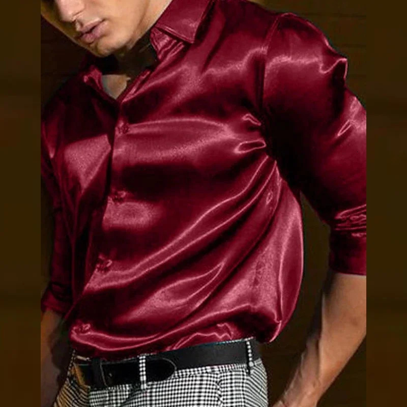 Summer mens shirt Long sleeve Party Evening dress Holiday Top Tshirt Silk red Golden Ceremony top skating co 240529