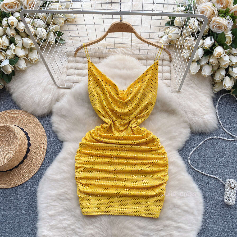 Nightclub womens light luxury sequin camisole dress womens scheming pleated slim fit short sexy buttocks skirt bottom skirt