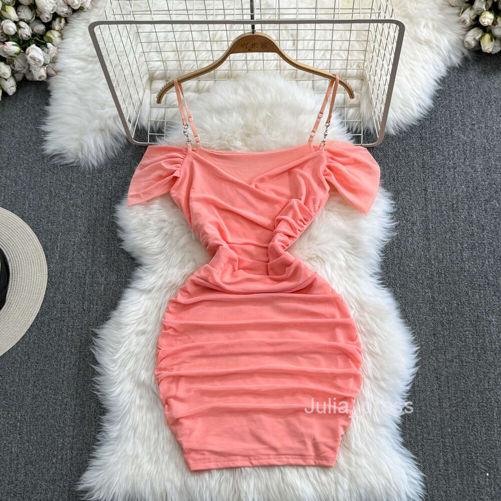 Fashionable Nightclub Sexy One Shoulder Off the Shoulder Bra Strap with Waist Closure for Slimming Wrinkle Short Wrapped Hip Mesh Dress