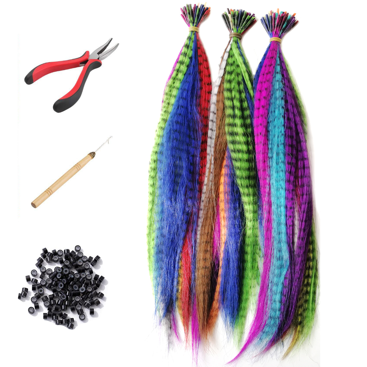 50PCS Synthetic Feather Hair Extensions Kit 16" I-tip Hair False Feathers Heat Friendly Fiber Micro Beads Hairpiece Tools