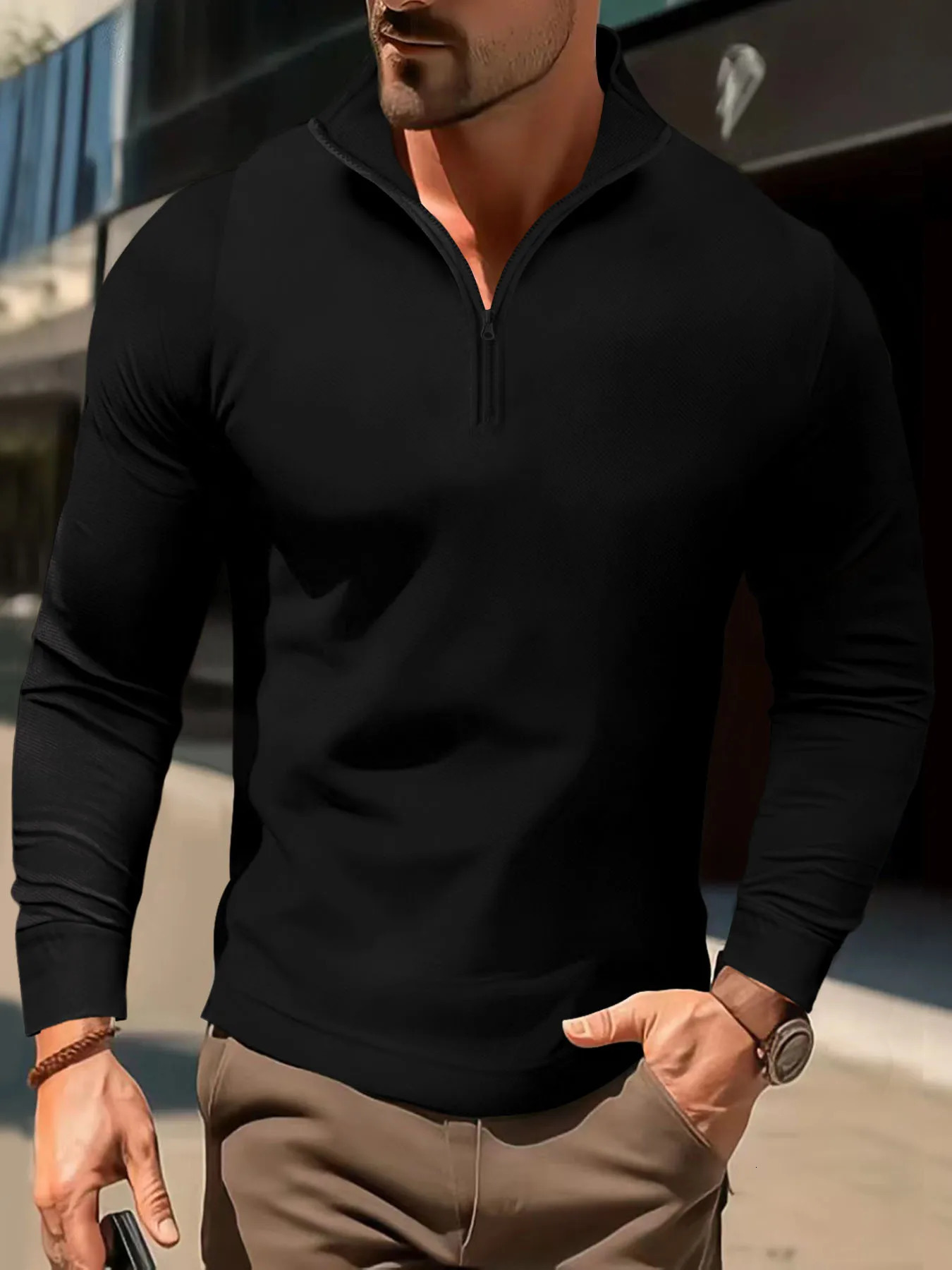 fashion Autumn winter mens longsleeved polo shirt casual plaid Tshirt Waffle antiwrinkle men 240523