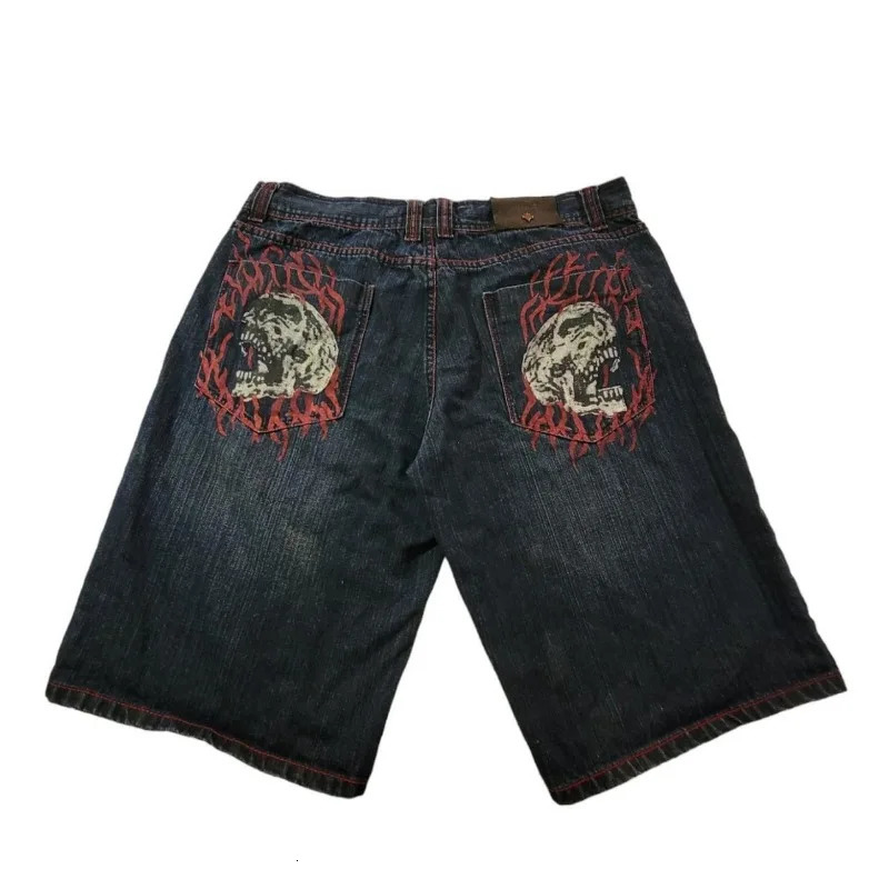 Skull dark goth oversized casual y2k denim shorts for men 2000s American street hiphop couple lazy style vintage pants 240531