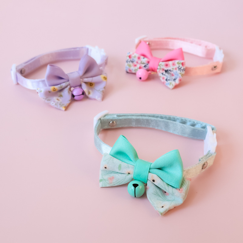 Bow Pet Collar, Cat Dog Collar Macaron Bell Safety Buckle Gradient Floral Bow Adjustable Knot Cat Collars for Kitten and Puppies
