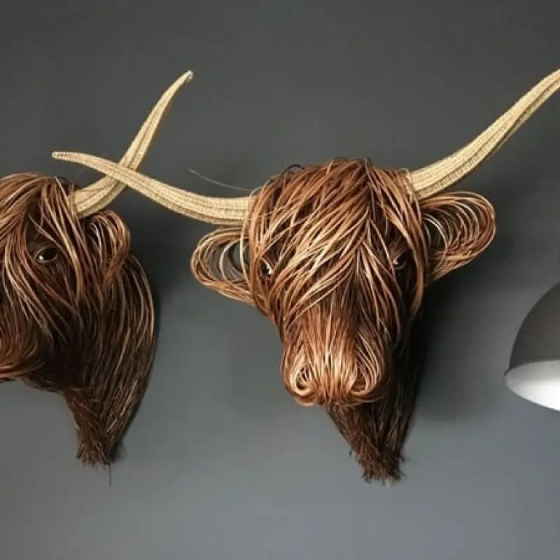 Kudottu Willow Highland Cow Woven Willow Highland Low Resin Home Decoration Wall Ornaments Gifts 240528
