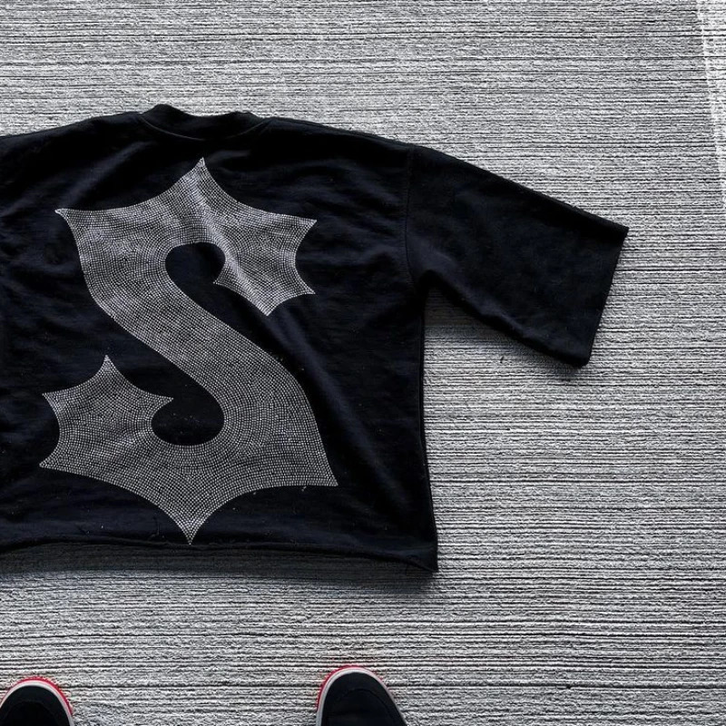 American style Harajuku retro men patterned printed T-shirt ins loose casual hip-hop couple short sleeved casual letter top 240527