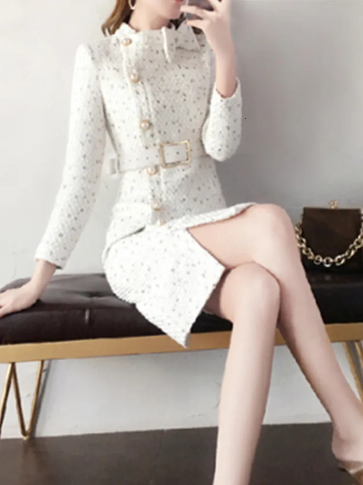 HMA Arrival Autumn And Winter Runway Women Elegant Tweed Dress Bow Collar Long Sleeve Female Fashion Chic Vestidos 240529