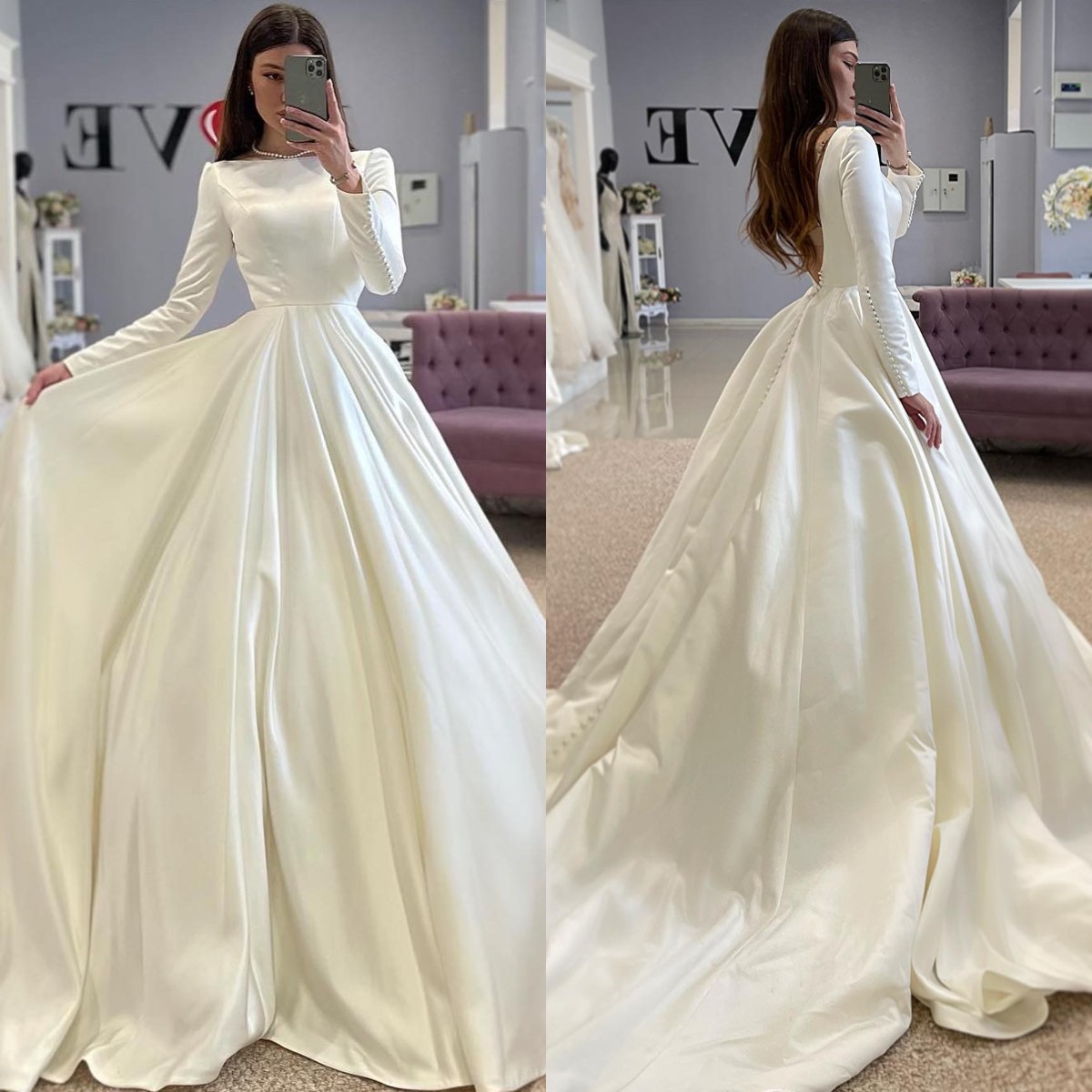 Boho A e Dress long sleeves bateau neck satin country Wedding Dresses backless vestidos de novia sweep train bridal gowns
