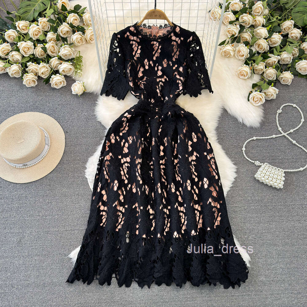 Fashionable and high-end light luxury and socialite temperament short sleeved round neck waist cinching slimming A-line water-soluble lace dress
