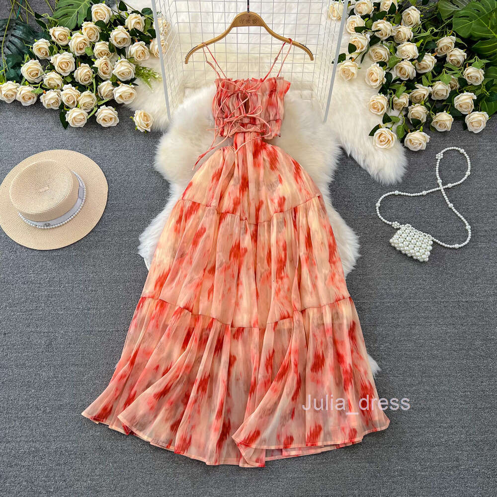 Gentle style super fairy and socialite temperament strapless waist slimming A-line printed suspender dress seaside vacation long dress