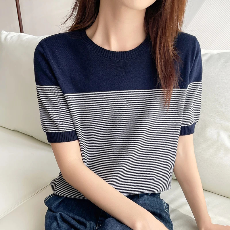 Womens TShirt Summer 100% Cotton Sweater Short Sleeve Striped Knitted Round Neck Ladies Tops Loose Blouse Pullover Tees 240524