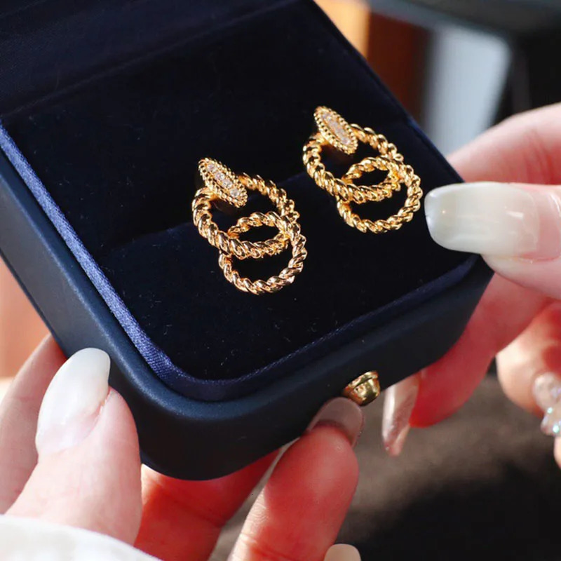 CxsJeremy Solid 18K Yellow Gold Classic Hollow Double Ring Natural Diamond Stud Earrings Au750 Twisted Hoops Earrings 240528