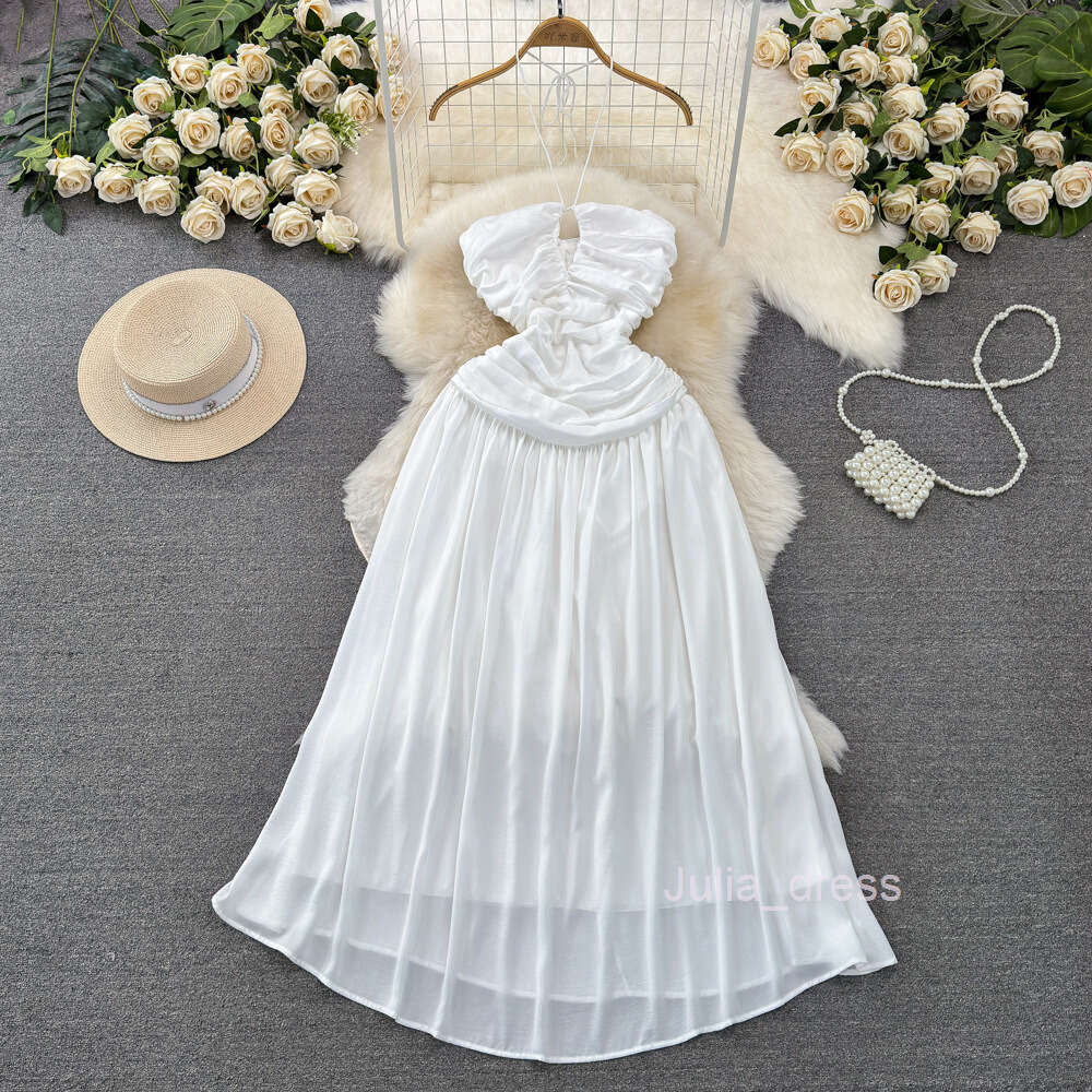 Celebrity temperament strapless neck hanging backless waist closing slimming mid length A-line chiffon dress seaside vacation long dress