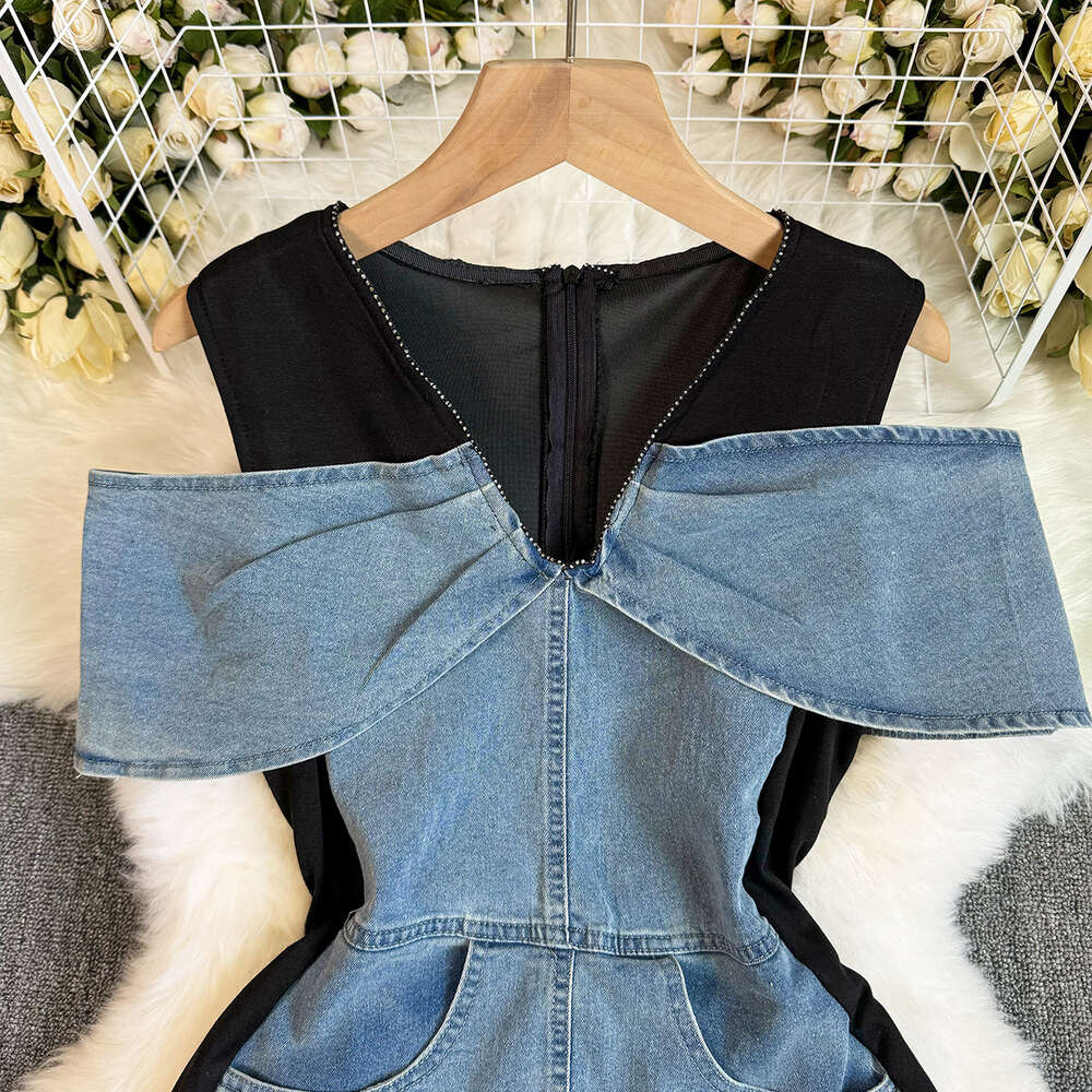 French slimming V-neck off shoulder denim patchwork dress 2024 summer temperament contrasting color high-end slimming temperament dress