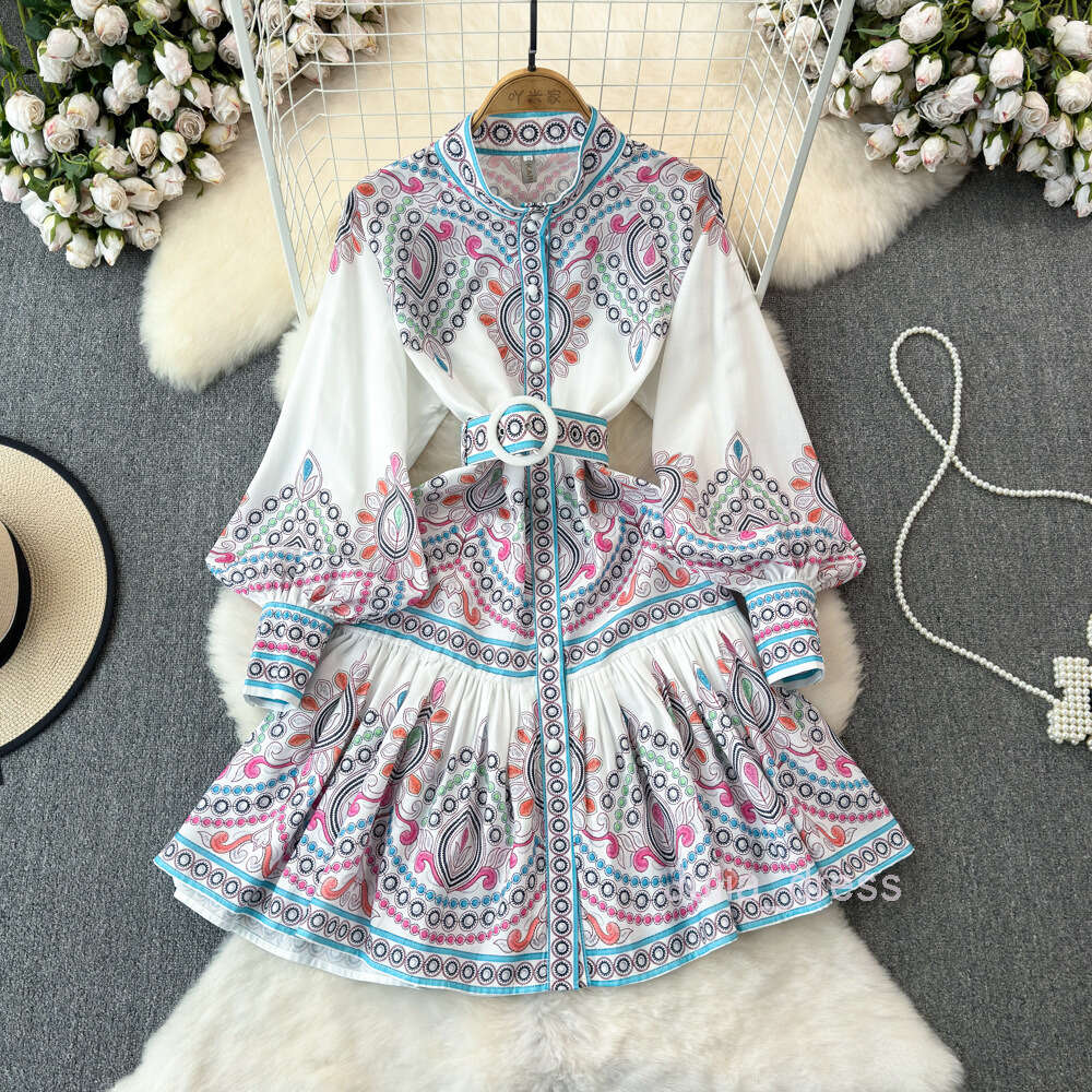 Elegant and Elegant Spring and Autumn Style Lantern Long sleeved Standing Neck with Waist and Slim Appearance Single breasted A-line Positioning Print