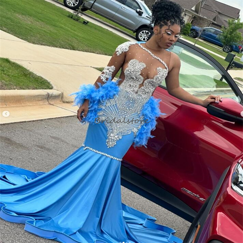 Luxury Blue Diamond Prom Dresses With Feather One Shoulder Long Sleeve Mermaid Evening Gowns Rhinestone Black Women Birthday Dress Formal Illusion Plu