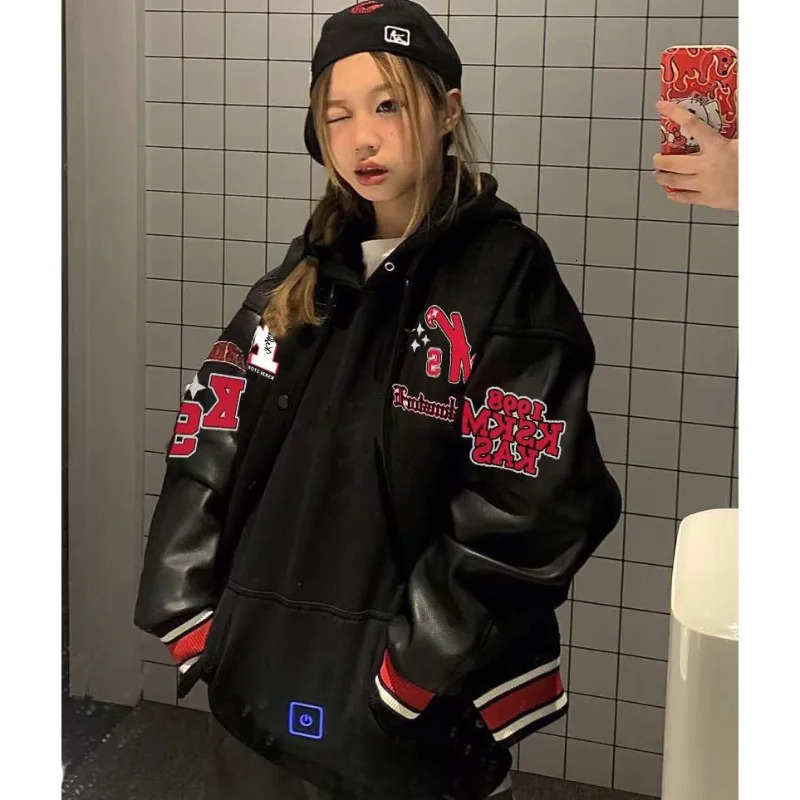 Bomber Jacket Men Women Flocking Hip Hop Loose Casual Patchwork Coat Unisex Embroidery High Street Varsity Baseball Outwear 240530