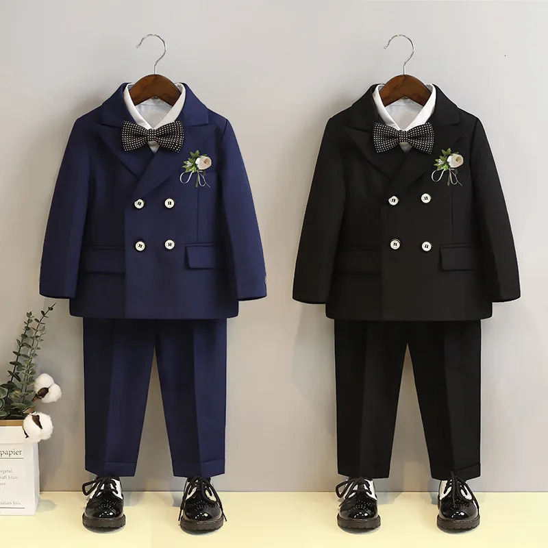 Suit for Boys Fashion Double Breasted Black Flower Child Wedding Performance Outfits 4 6 8 10 Y Kids School Uniform Blazers Set 240531