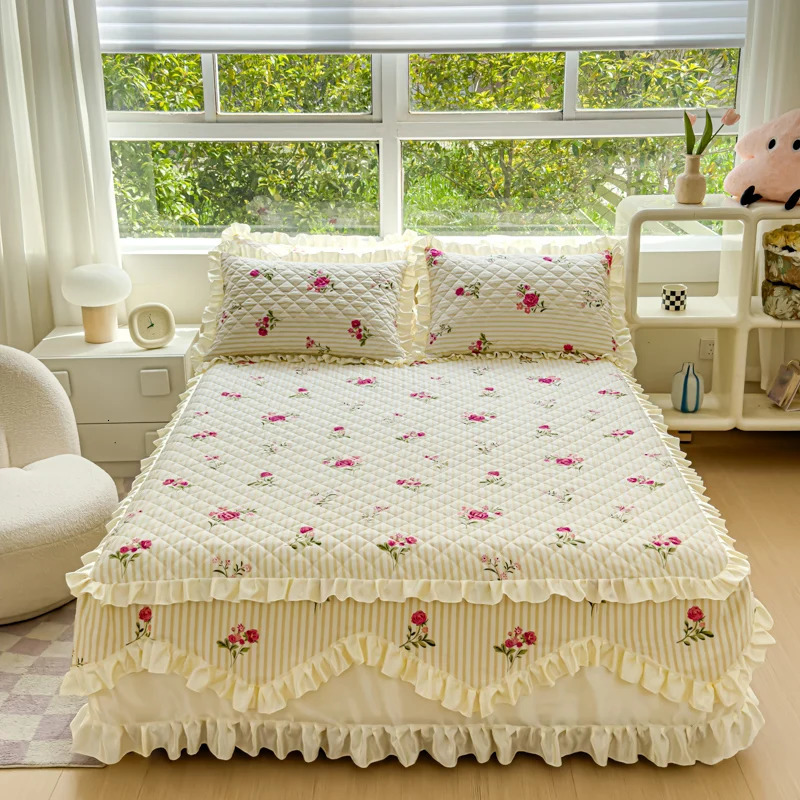 100% Cotton Thicken Quilted Bedspread King Queen Size Princess Lace Bed Skirt Pure Cotton Bed Cover Not Including Pillowcase 240530