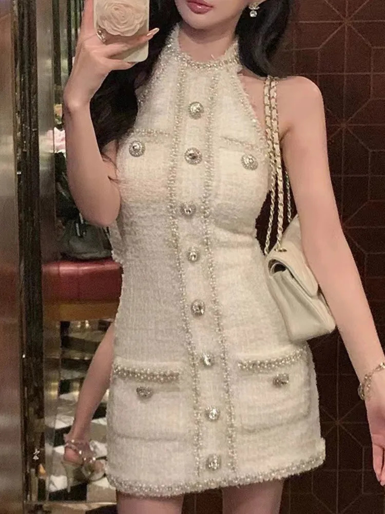 UCXQ sweet Beaded Hanging Neck Button Dress Sexy Backless Diamond Waist Tweed Short Dresses Women Spring Summer 23A8287 240529
