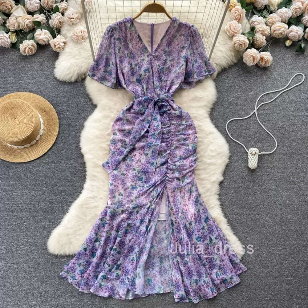 French gentle style high-end floral dress womens design sense pleated slim fit buttocks split fishtail skirt long skirt
