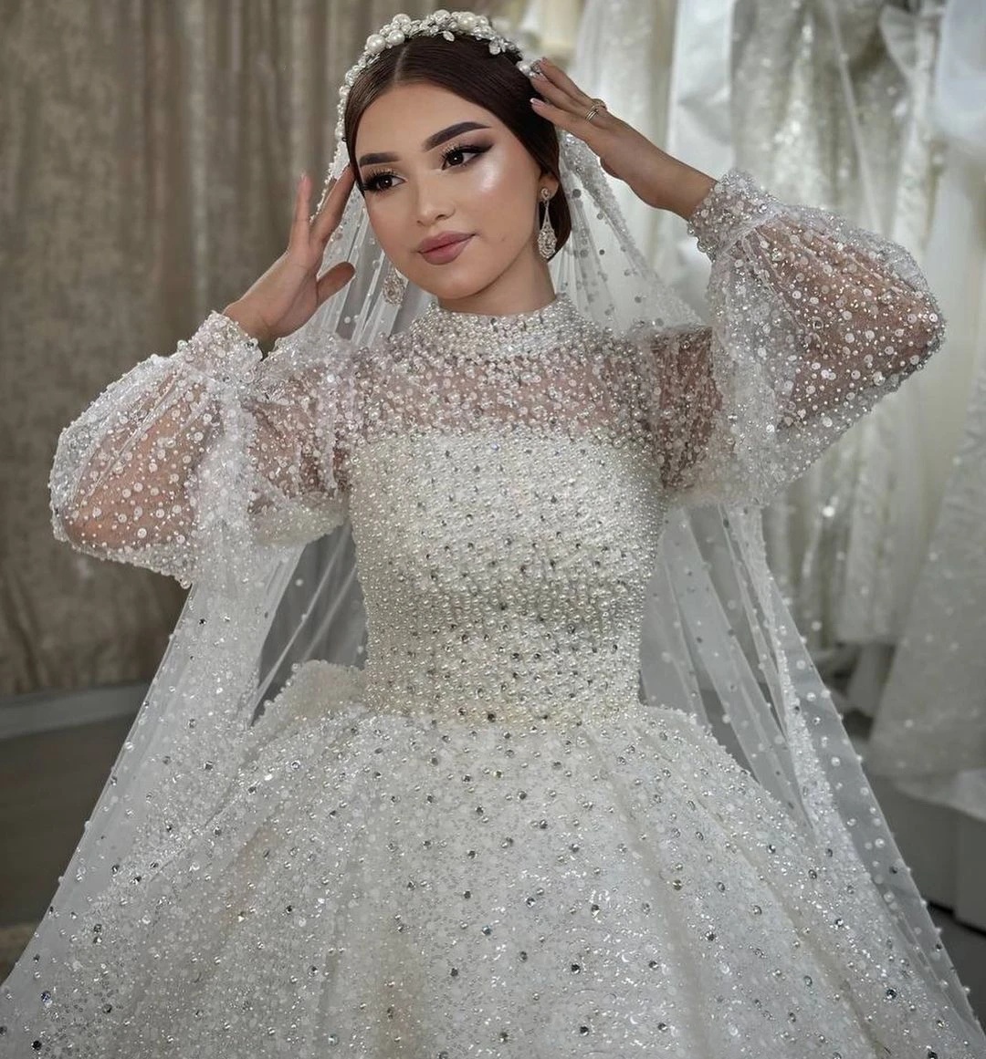 Gorgeous Crystal Wedding Dresses Pearls Bridal Ball Gowns High Neck Sequins Rhie Long Sleeve Custom Made Bride Vestido De Novia 0218