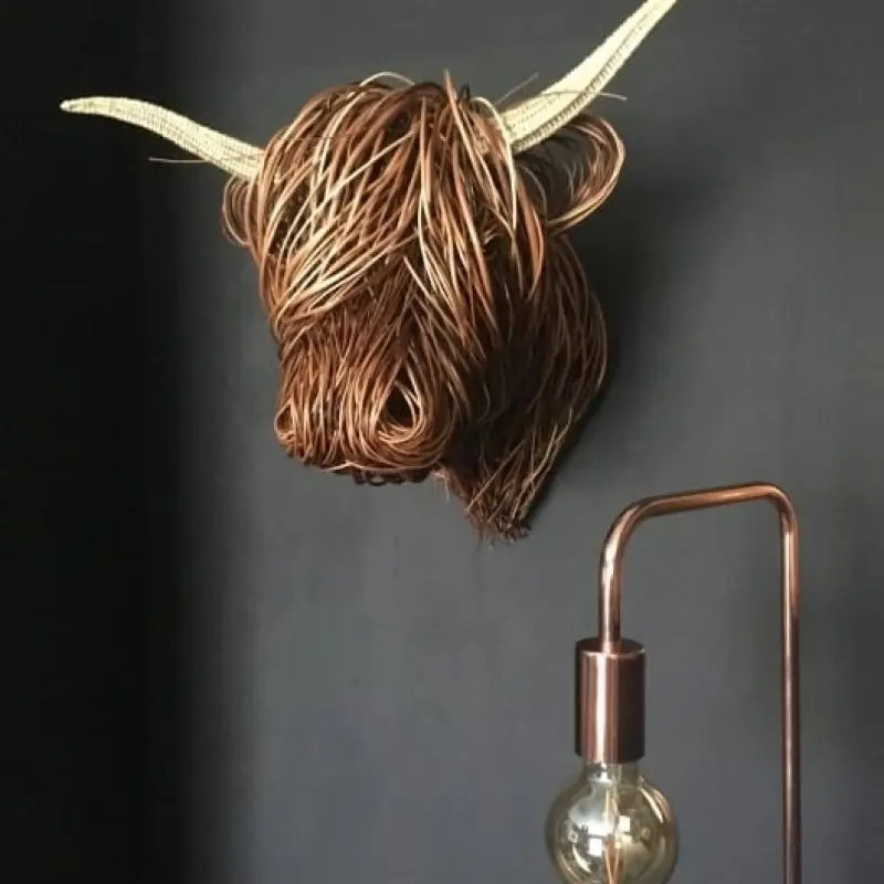 Kudottu Willow Highland Cow Woven Willow Highland Low Resin Home Decoration Wall Ornaments Gifts 240528