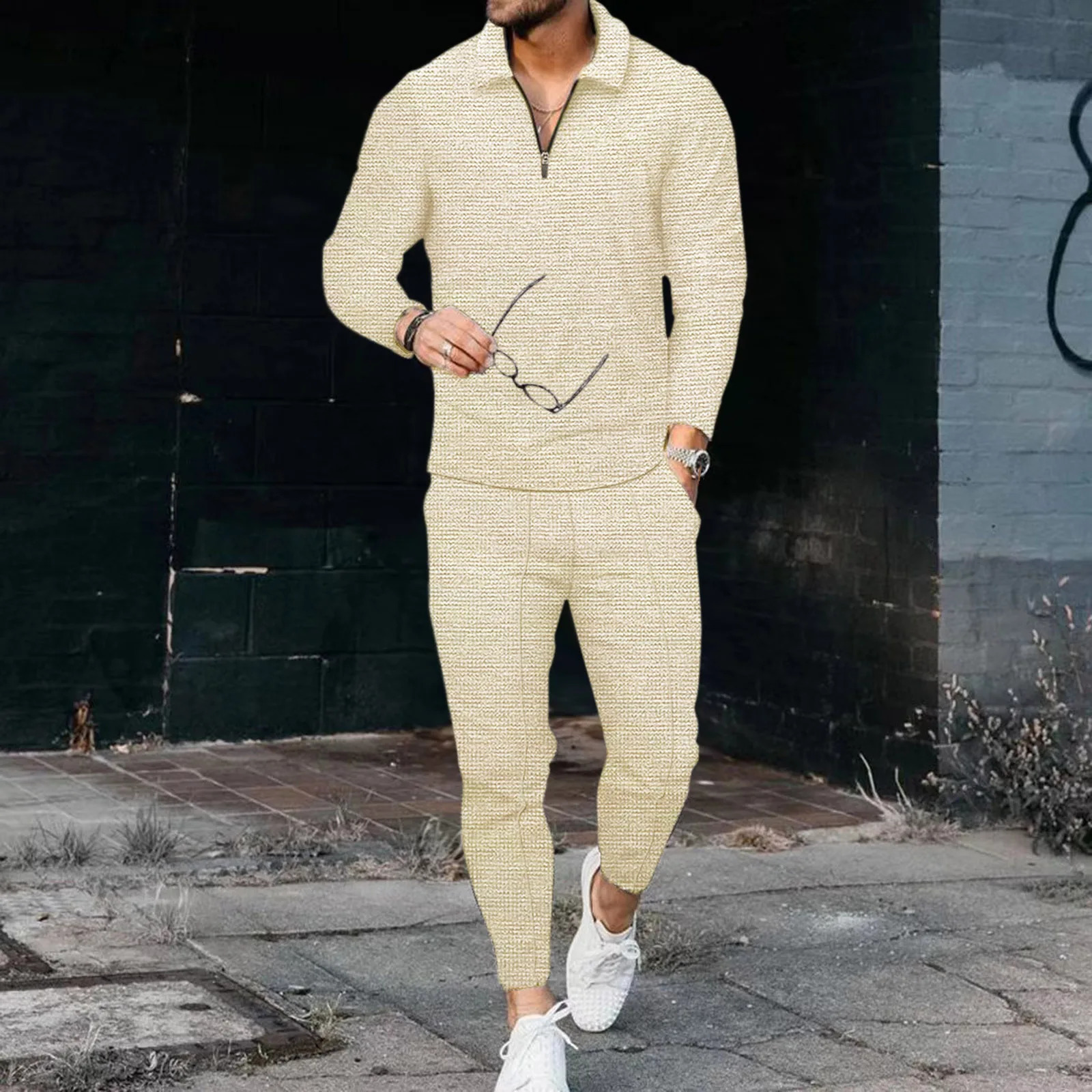Fashion Sets Long Sleeve Polo ShirtSweatpants Suit Men V-neck Zip Sweatshirt Men Streetwear Vintage Clothing Sets Tracksuits 240529