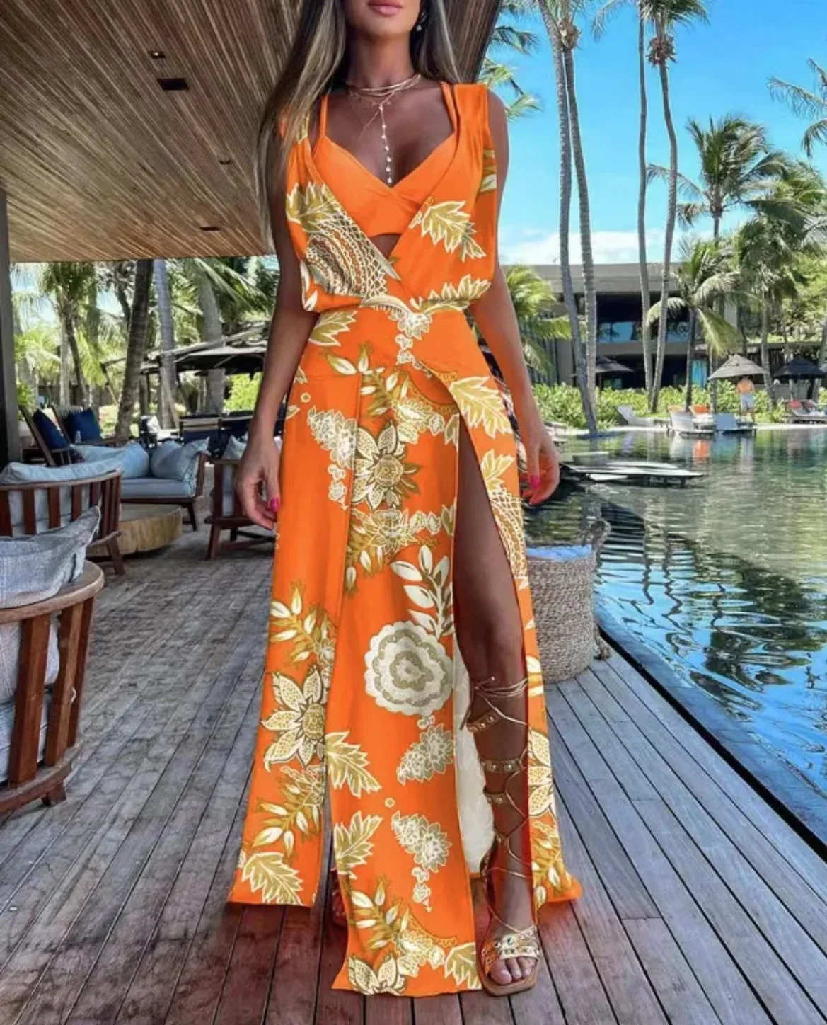 Sexy Women Sleeveless Plunge High Slit Maxi Dress with Bra Top 2023 Summer Femme Robe Casual Lady Clothing 240530
