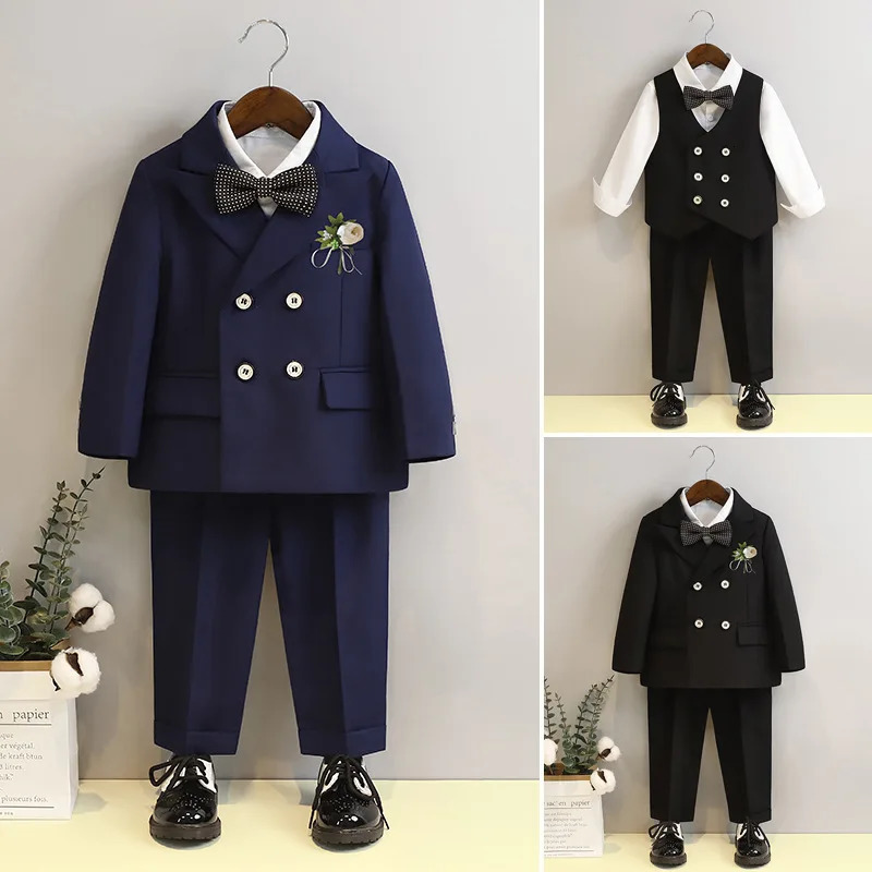 Suit for Boys Fashion Double Breasted Black Flower Child Wedding Performance Outfits 4 6 8 10 Y Kids School Uniform Blazers Set 240531