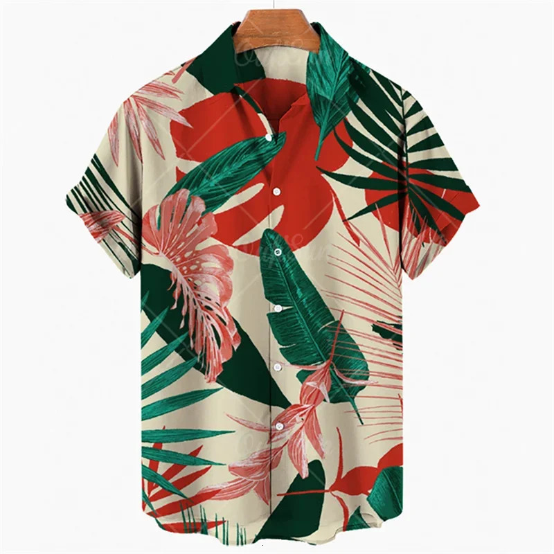 Summer Mens Leaves Elegant Floral Social Hawaiian Short Sleeve Oversized Casual Shirt Printing Vacation Style Harajuku Camisa 240529