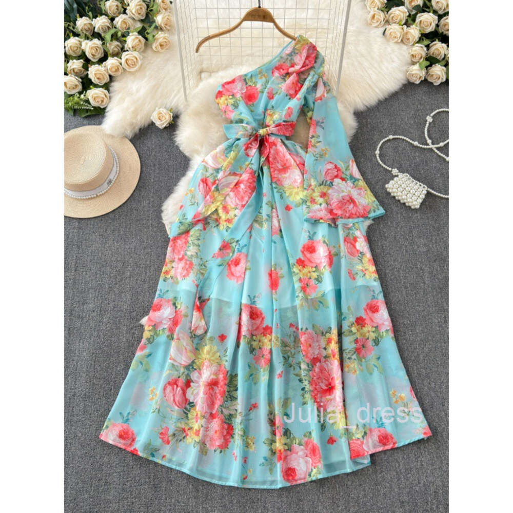 French court style dress summer dress womens design print button up slim fit long high-end dress holiday dress