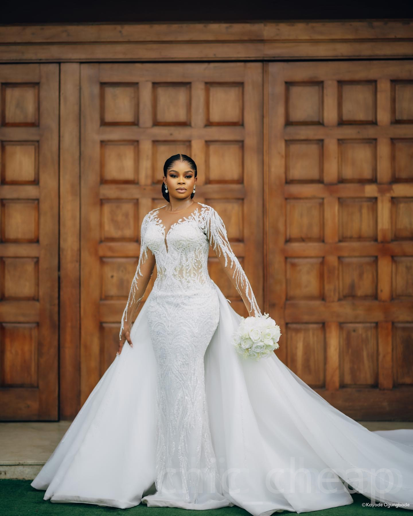 2024 Arabic Aso Ebi Plus Size White Lace Mermaid Wedding Dress Sheer Neck Detachable Train Bridal Gowns Dresses ZJ023