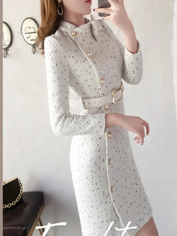 HMA Arrival Autumn And Winter Runway Women Elegant Tweed Dress Bow Collar Long Sleeve Female Fashion Chic Vestidos 240529