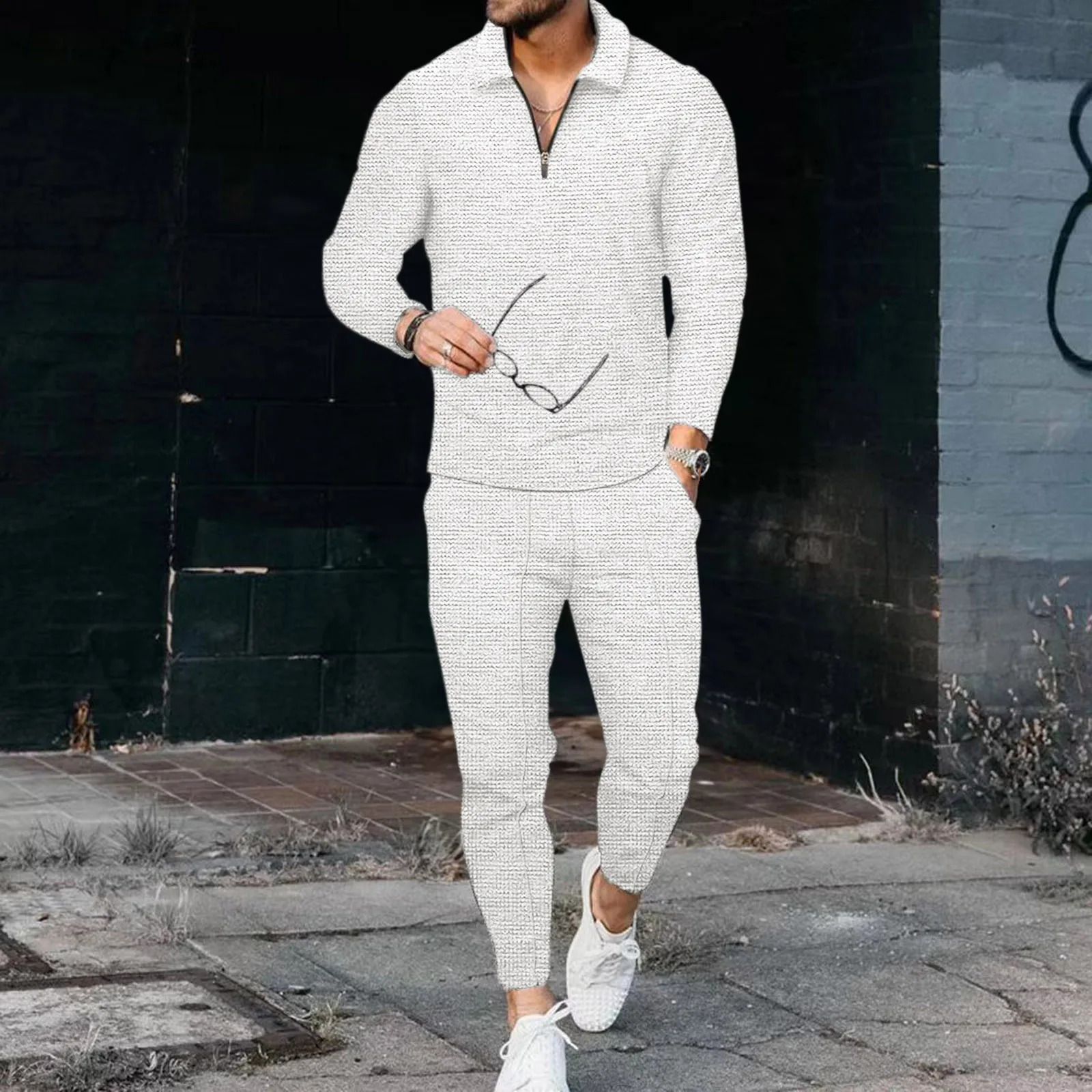 Fashion Sets Long Sleeve Polo ShirtSweatpants Suit Men V-neck Zip Sweatshirt Men Streetwear Vintage Clothing Sets Tracksuits 240529