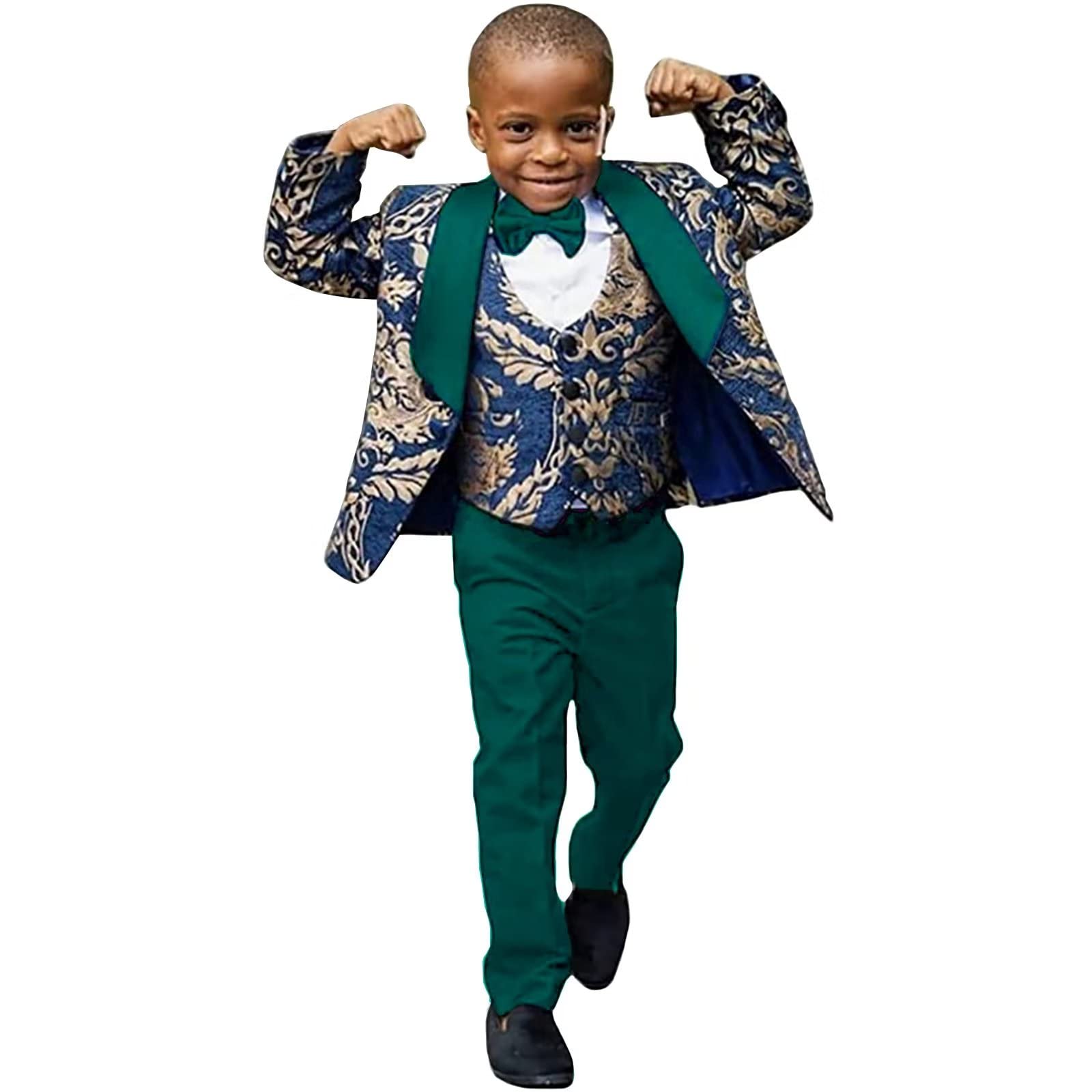 Navy Floral Pattern Boy Suits Dinner Tuxedos Little Kids For Wedding Party Prom Birthday Wear 3 Pieces Jacket Pants Vest