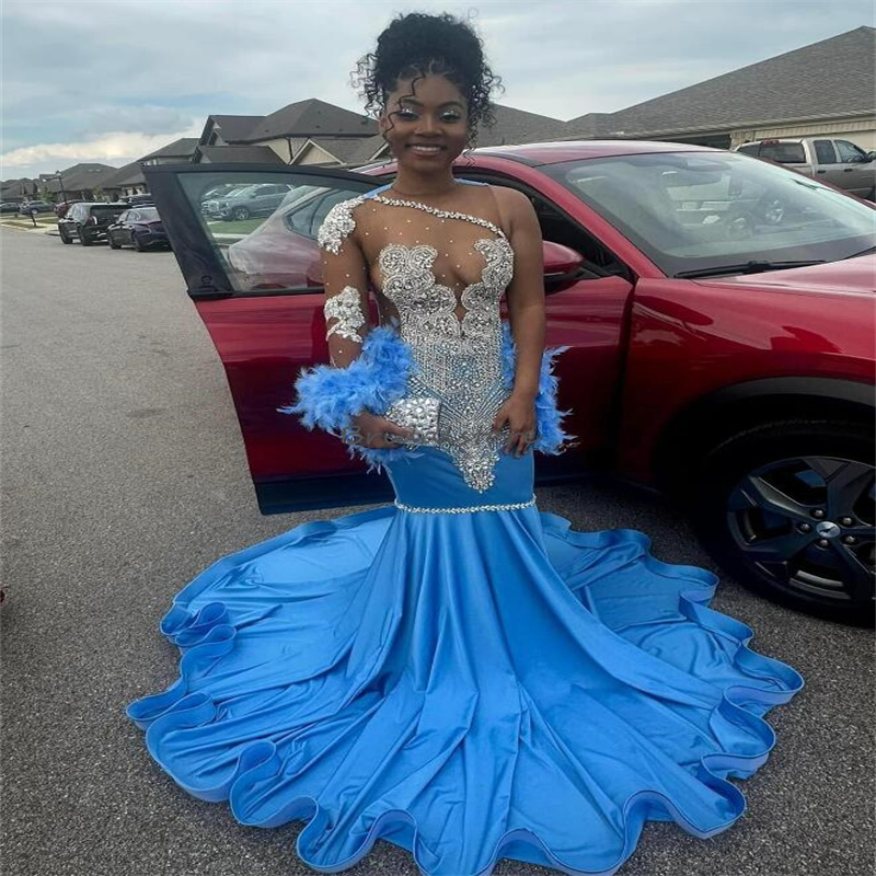 Luxury Blue Diamond Prom Dresses With Feather One Shoulder Long Sleeve Mermaid Evening Gowns Rhinestone Black Women Birthday Dress Formal Illusion Plu